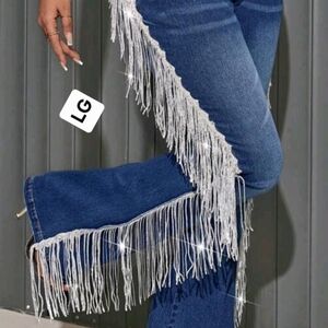 Fringe Denim Jeans with White Accents